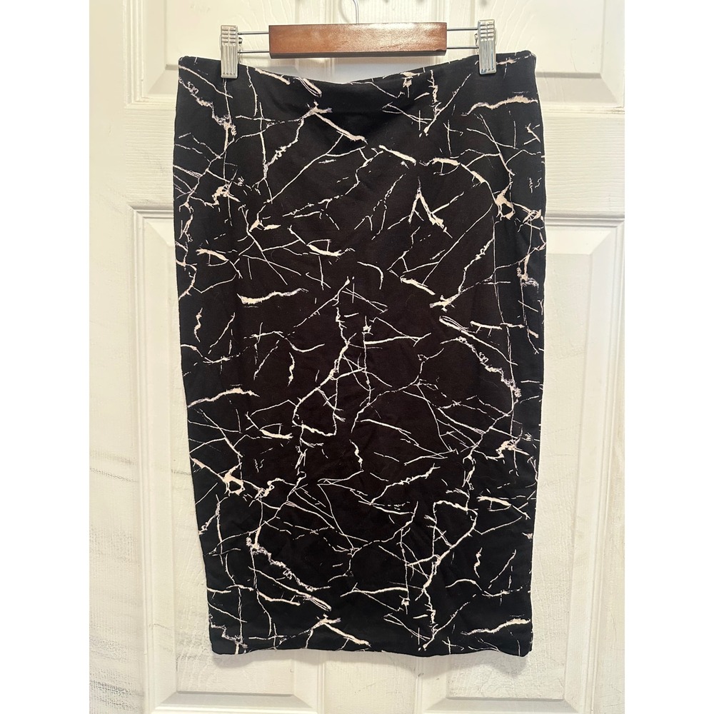 HM Basic Black White Marble Crackle Print Pencil Skirt Midi Bodycon Stretch M
